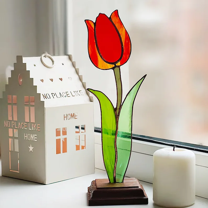 Plant Flower Light Pendant Decorative Glass Ornament Sun Catcher Tulip Creative Birthday Gift