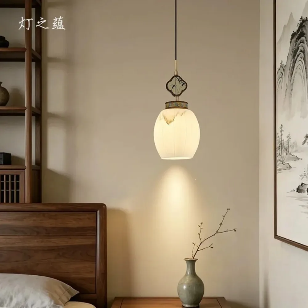 New Chinese Style Small Chandelier Single Head Chinese Style Bedroom Bedside Entrance Aisle Lamp Retro Song Style Aesthetic