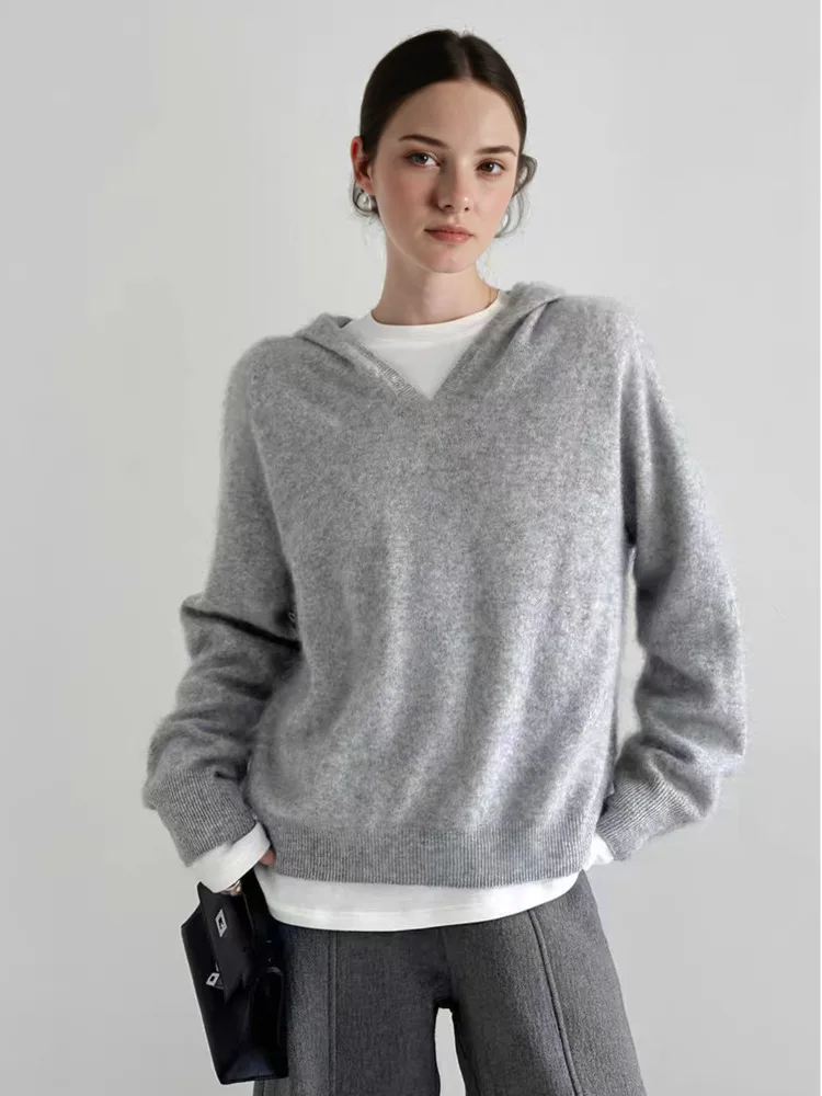 

Women Brushed Fleece Hooded Sweater,Autumn Winter V-neck Loose Solid Color Knitted Pullpvers