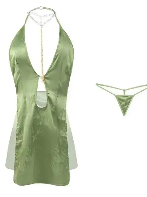 ชุดเดรสทรงชองซัมผ้าแจ็คการ์ดลายไม้ไผ่ คอวีผ่าข้าง ดีไซน์หลังสวยงาม ประดับมุก ดีไซน์หรูหรา สีเขียวหวาน รุ่น NT9U