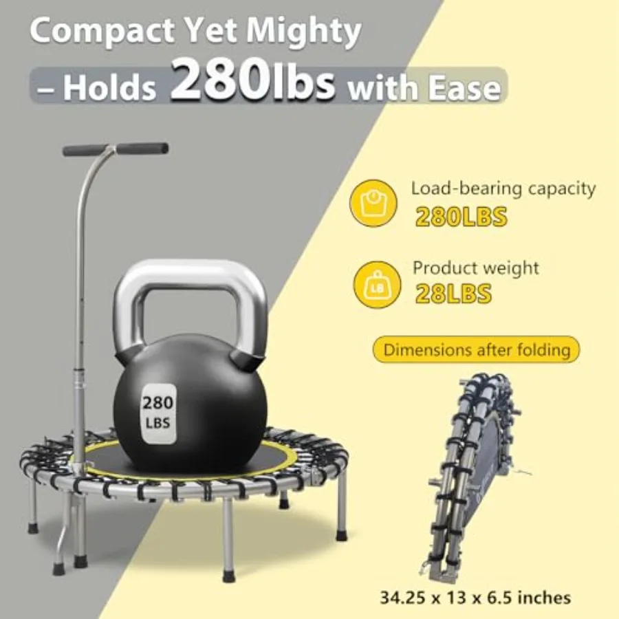 Indoor fitness trampoline for adults and kids steel frame with black padding foldable design with adjustable T-bar handle 40-in