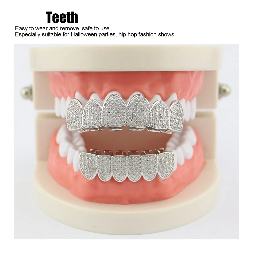 Cold Bling Teeth Decoration Silver Top Bottom Mouth Hip Hop Teeth Set Unisex Gold Dental Fashion Jewelry For Halloween Party