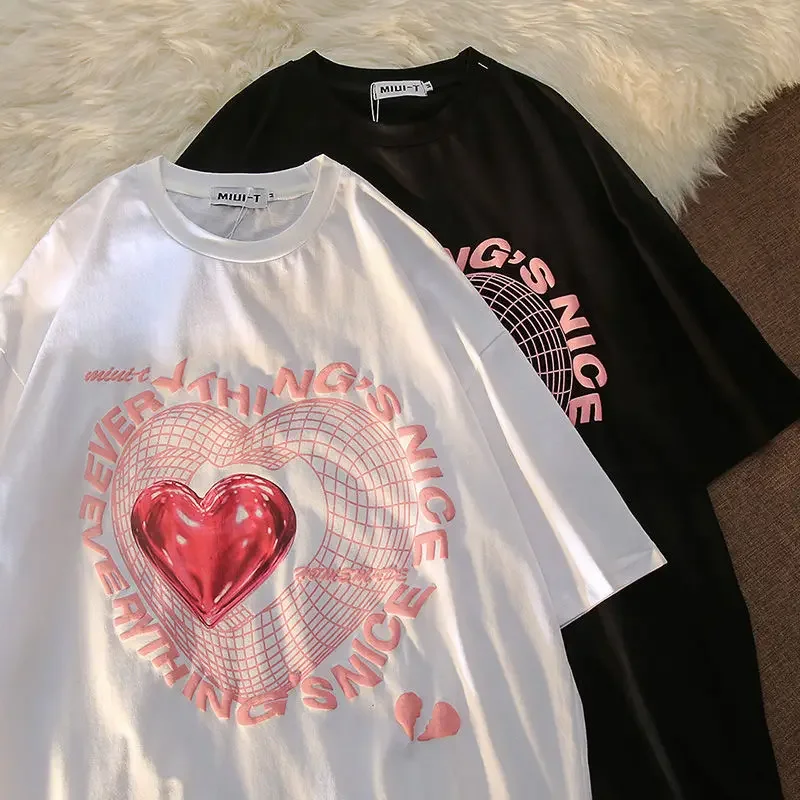 Camiseta com estampa de amor extragrande feminina, streetwear feminino, camisetas gráficas, manga curta, tops Harajuku casuais, fofos, Y2K