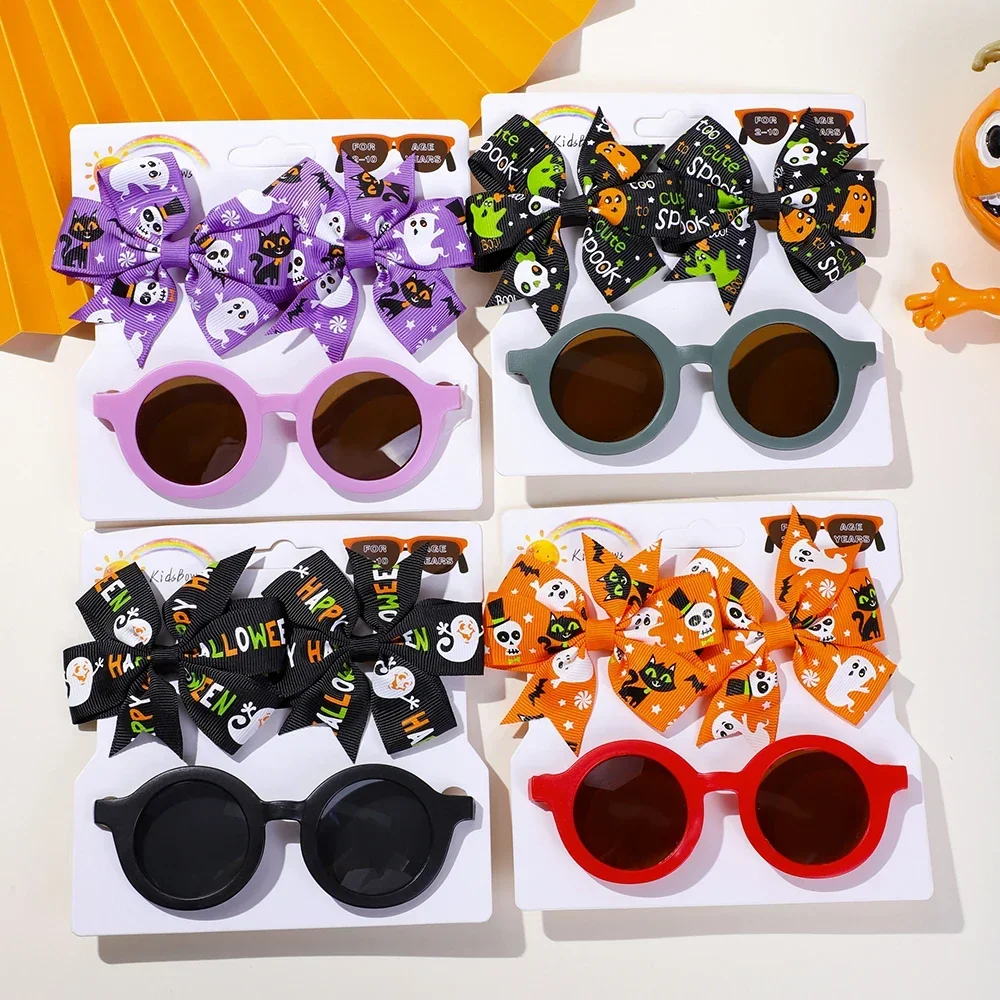 

2Pcs/Set halloween Cute Printed Bow Headband For Kids Cool Girls Boys Sunglasses Solid Color Bows Headwear Hair Accessories