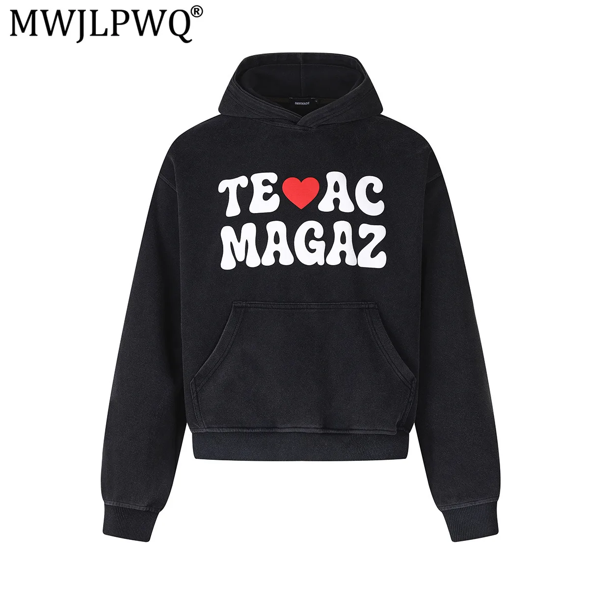 MWJLPWQ American-Style Male Streetwear Washed Distressed Hooded Sweatshirt Personalized Letter Print Couple's Hoodie Chic 20743