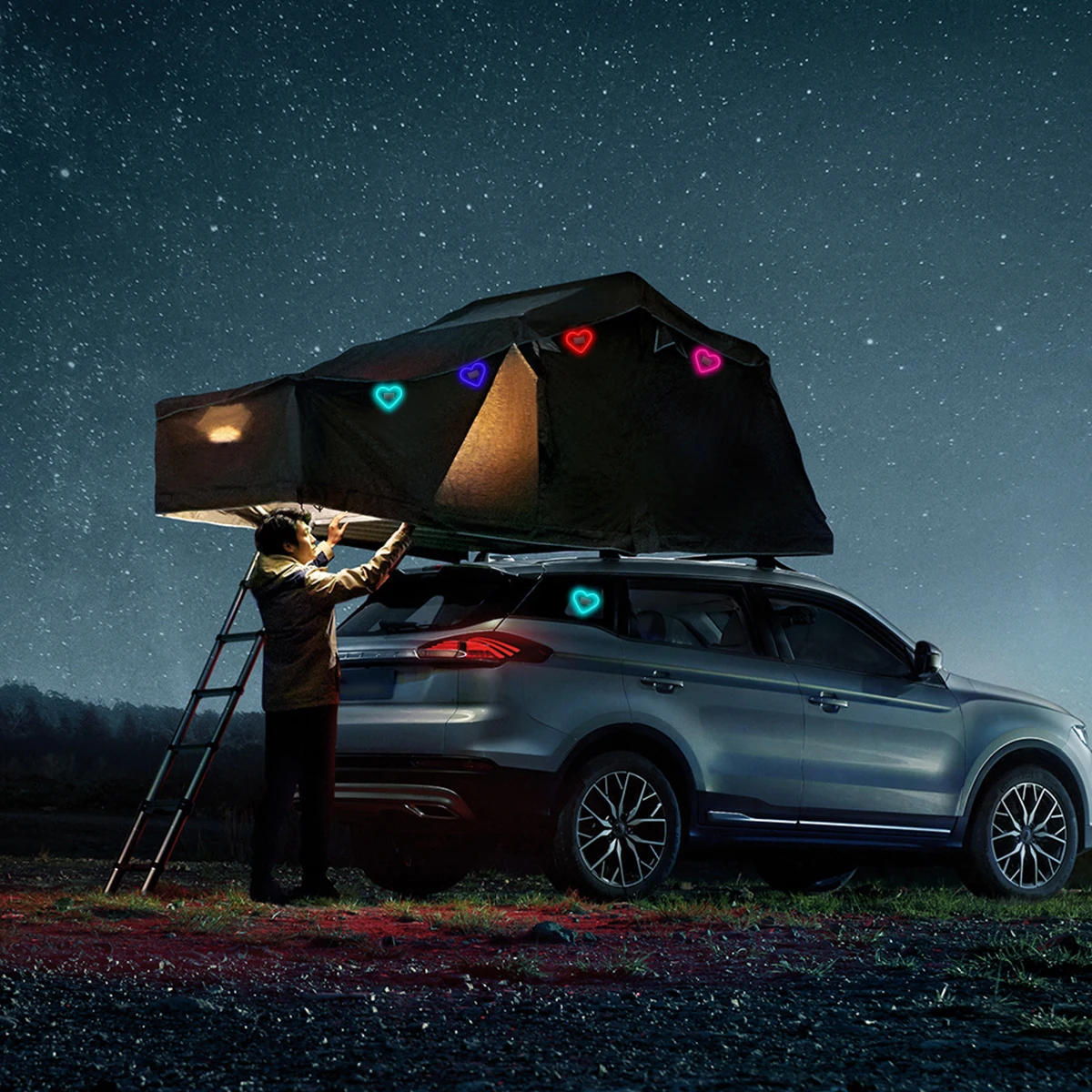 Love Atmosphere Light Car Triangle Window LED Solar Powered Heart-shaped Neon Light Rear Window Illuminated Interior Decoration