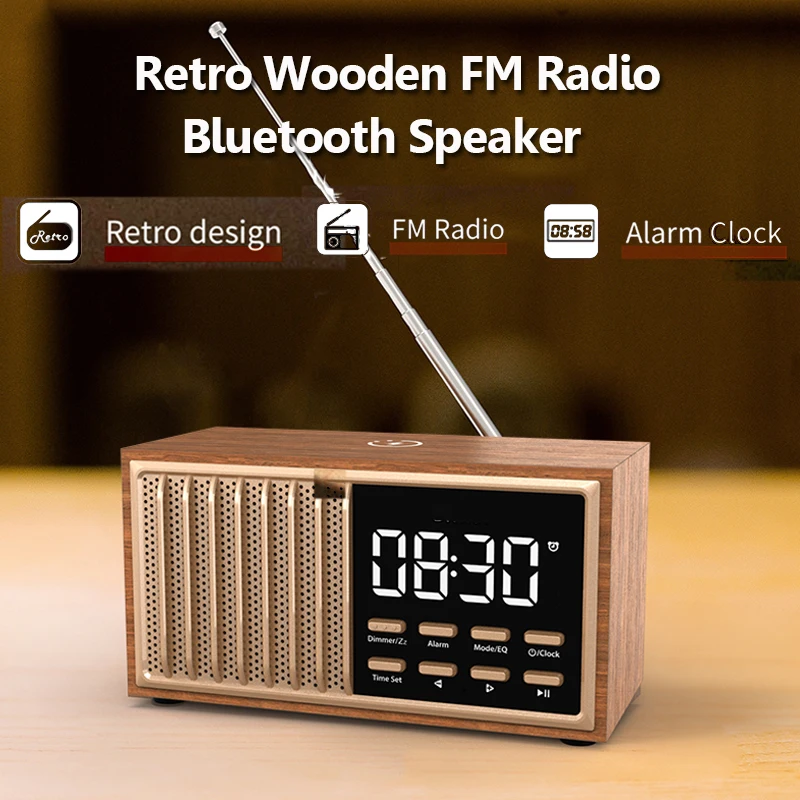 Portable Wooden Retro FM Radio Wireless Charger Bluetooth Speaker Handsfree Call Music Player Support Alarm Clock TF Card USB