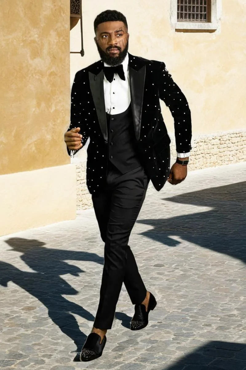 

Luxury Black Velvet Men Suits 3 Piece Blazer Sets Beaded Wedding Tuxedo Customized Formal Office Jacket Vest Pants