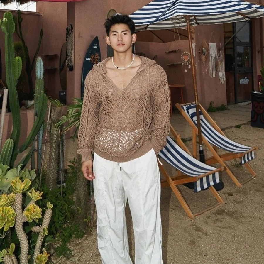 الرجال سترة محبوك الجوف خارج مثير مقنعين قناع السترة الشارع الشهير كم طويل بلايز ربيع الخريف معطف رجل الملابس العصرية جديد