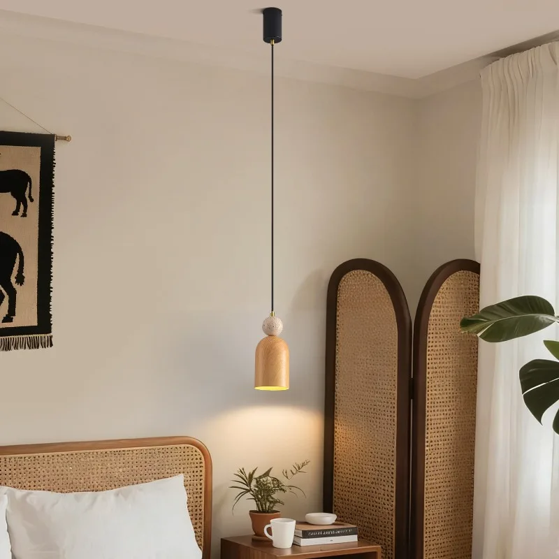 Middle Ages Wood Stone LED Pendant Light Fixture Bedroom Study Living Room Restaurant Wire Adjustable Nordic Modern Hanging Lamp
