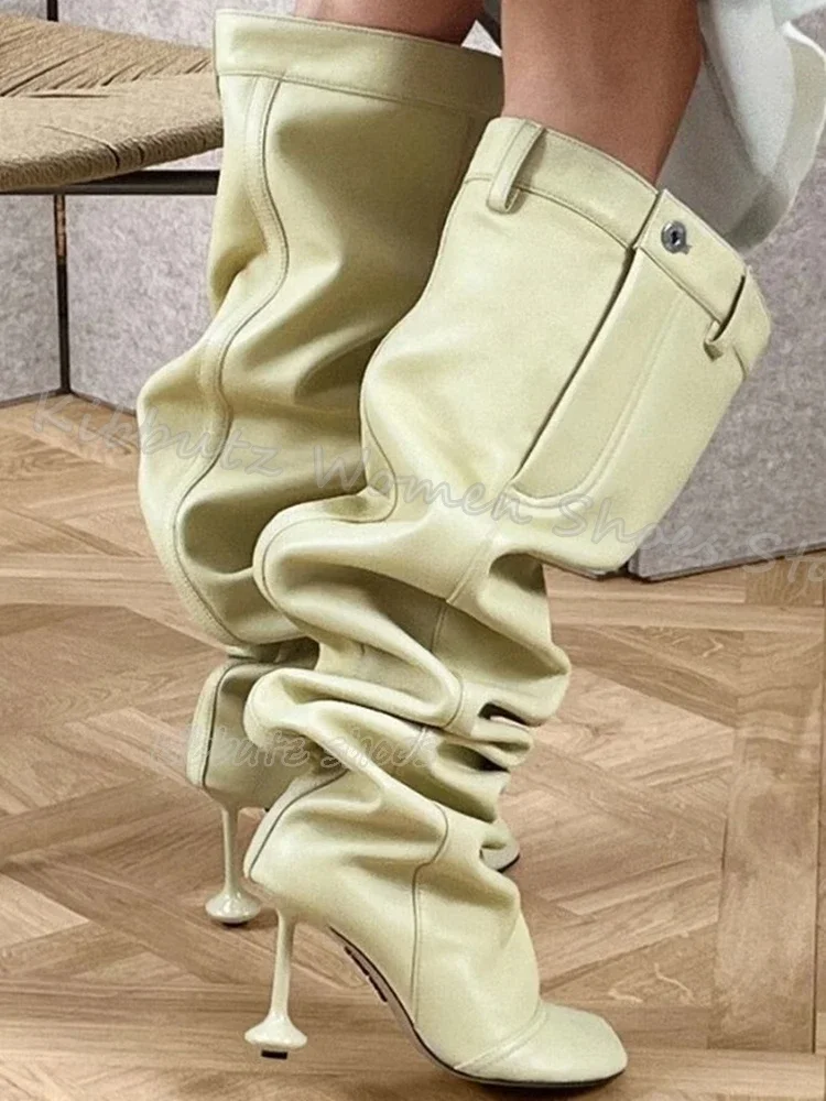

Over The Knee Modern Boots Pleated Genuine Leather Fashion Luxury Sexy Elegant Solid Color Women Shoes Square Toe Strange Heels