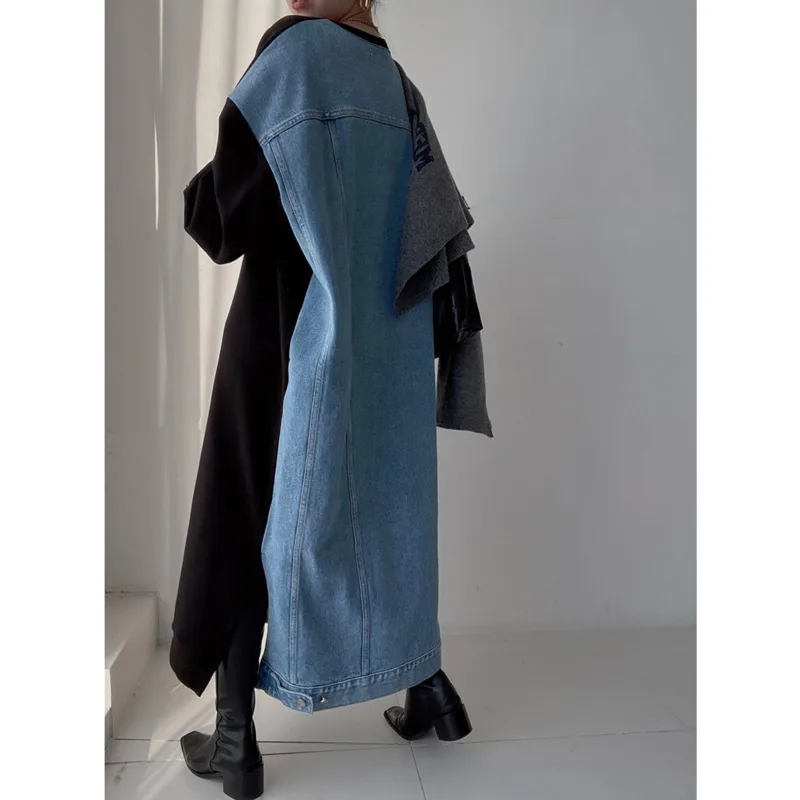 EAEOVNI カジュアルレディースドレスデニムパッチワークデザインレタープリントルーズコントラストカラールーズドレスファッション衣類