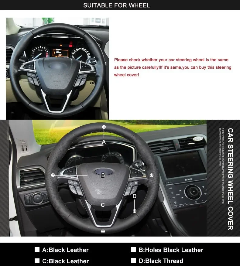 Hand-Stitch Non-slip Genuine Leather Car Steering Wheel Cover Wrap for Ford Mondeo 2013 2014 EDGE  Interior Accessories