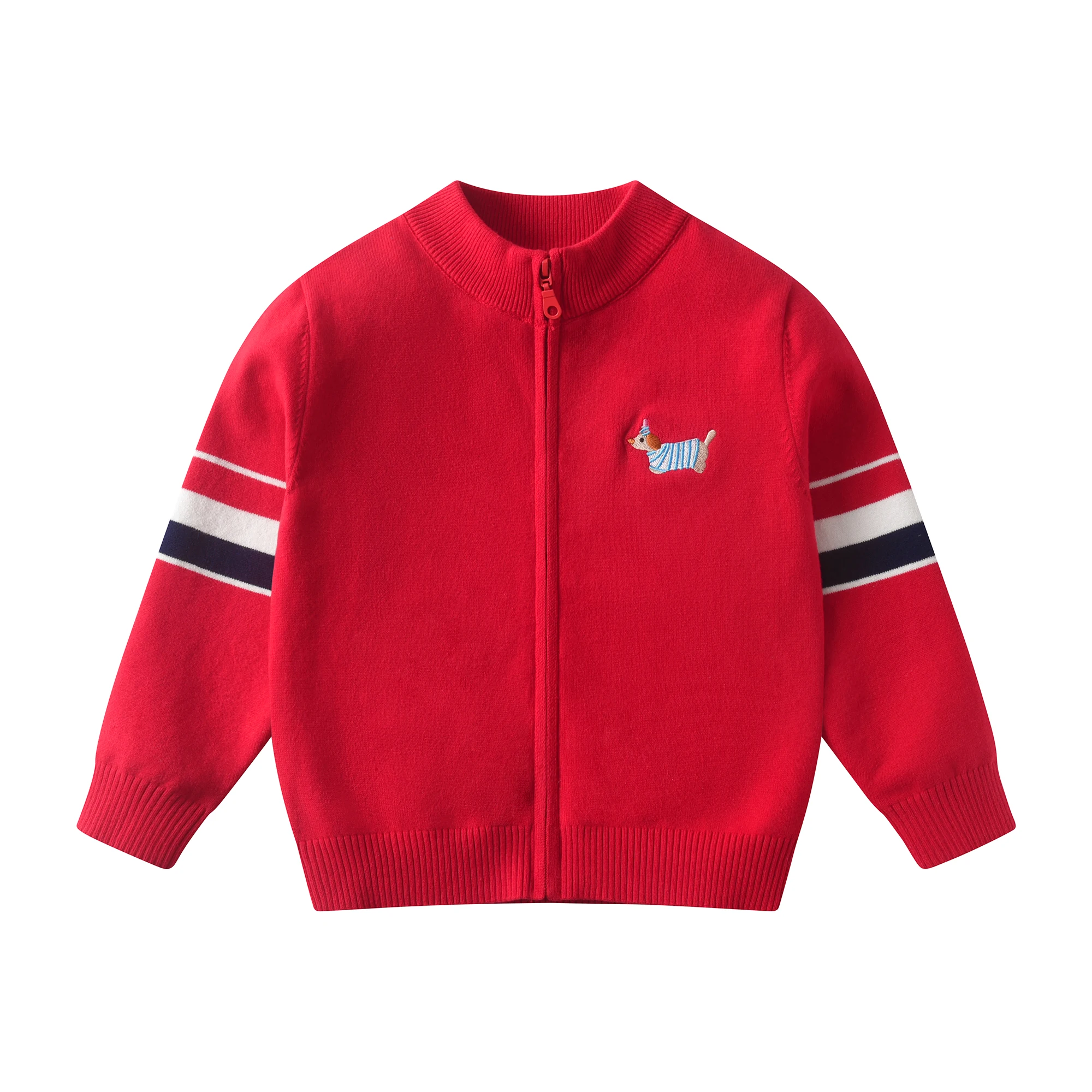 Kids Red Zip Up Knit Cardigan, Striped Long Sleeve Sweater Jacket with Cute Puppy Embroidery for Boys Gifts for Boy