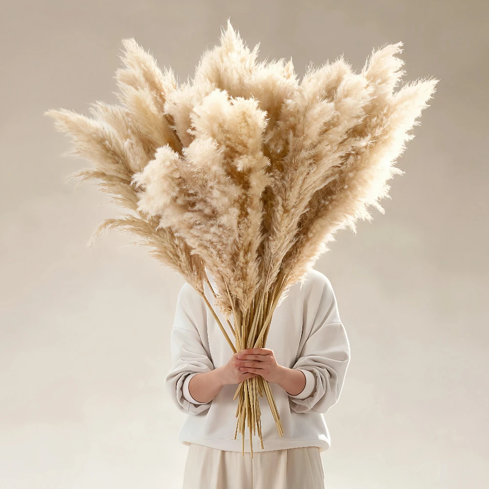 16 Stems 40in Pampas Grass Natural Dried Fluffy Plumes Decorative Stems Bouquet For Wedding Party Halloween Boho Rustic Farmhouse Home Decoration Fall Autumn Interior Decor Floor Vase Tall Large