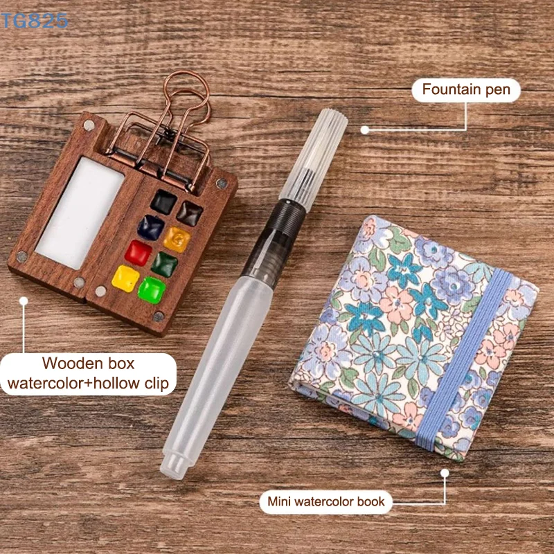 【AN】Mini Walnut Wood Watercolor Palette Portable Paint Box With Clip Travel Painting Paint Tray Art Supplies Sketchbook Palette