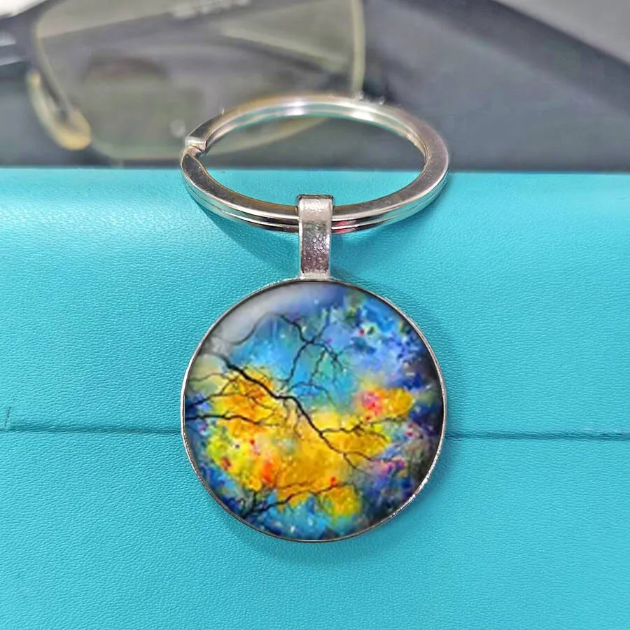 Watercolor Splash Bare Tree Of Life Cabochon Keychain, Nebula Rainbow Ink Wash Multicolor Splatter Background Tree Gift