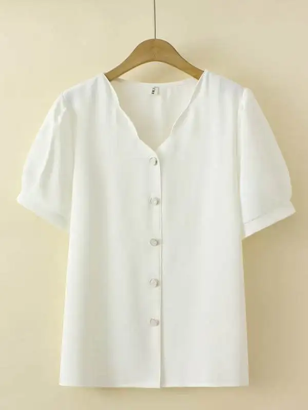 plus Size Women's V-Ne ort Sve Button-Up irt Lace Trim Summer Top Loose Fit Commute Sle Polyester Fiber