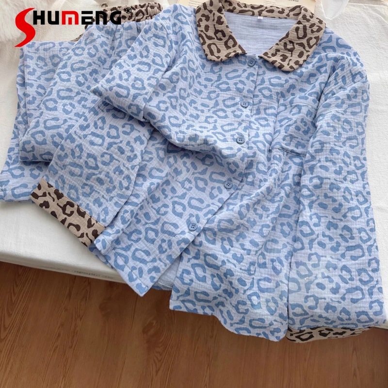 الفتيات الراقية الأزرق ليوبارد طباعة النوم مجموعة القطن الشاش الخريف منامة المرأة طويلة الأكمام اليابانية يمكن ارتداؤها ملابس المنزل الدعاوى