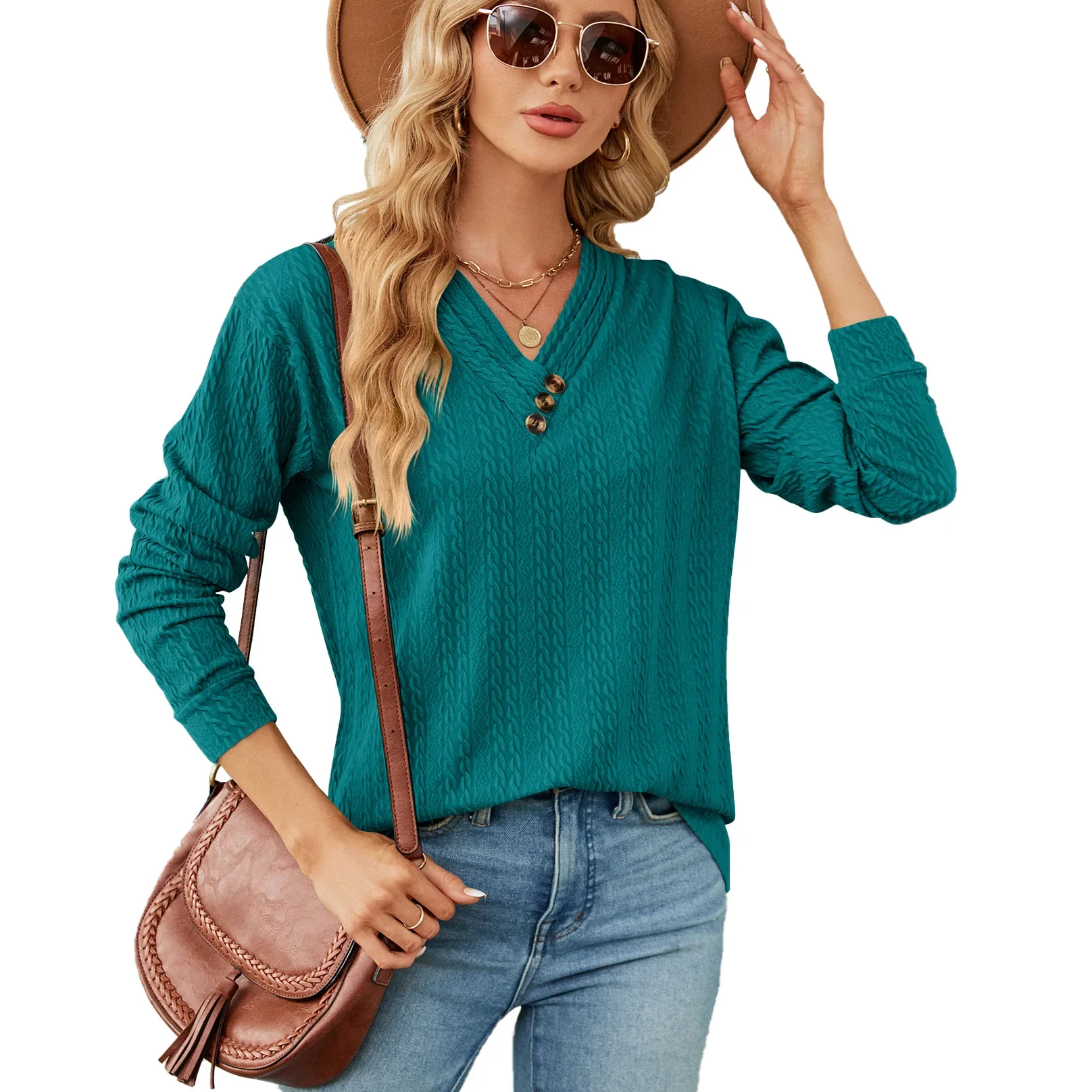 Women's Long Sleeve Casual T Shirt, Tops for Spring, Autumn, V Neck, Solid