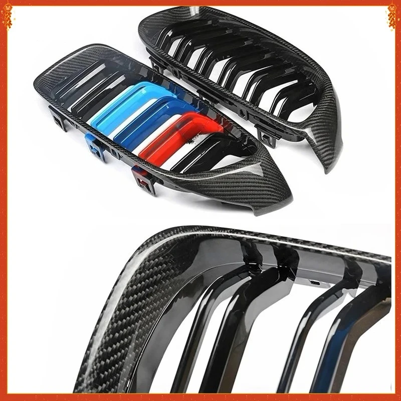 

For BMW M3 F80 M4 F82 Real Dry Carbon Fiber 2PCS Double Lath Three-colour Grille Nose Replacement Body Kits Modify Accessories