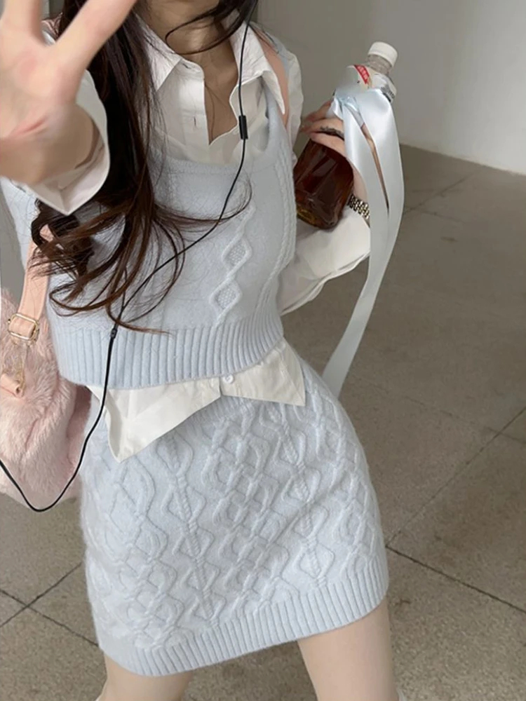 Autumn 3 Piece Skirts Set Women Casual Y2k Crop Tops + Mini Skirts Outwear White Blouse Japanese Style Knitted Suits Korean Chic