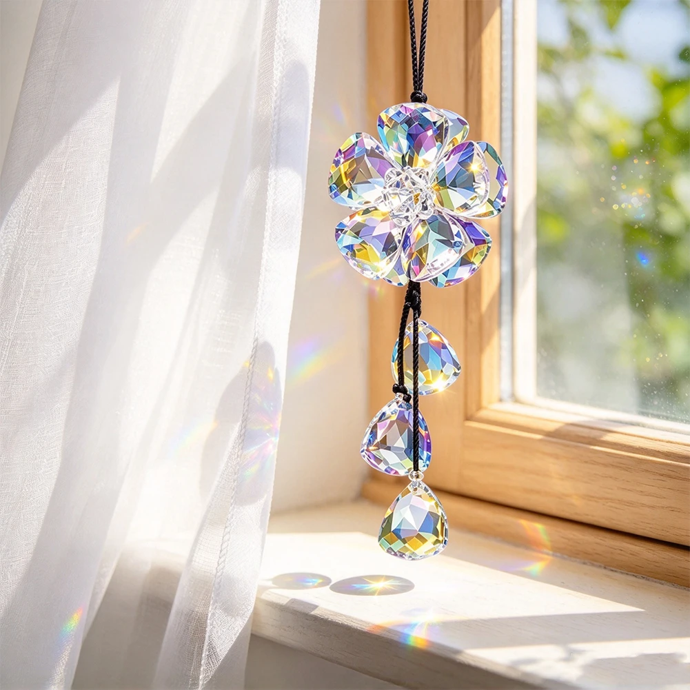 AB Crystal Flower Suncatcher 20cm 140.6g 6 Petal Stamen 3 Teardrop Cascade K9 Aurora Borealis Window Car Mirror Christmas Gift