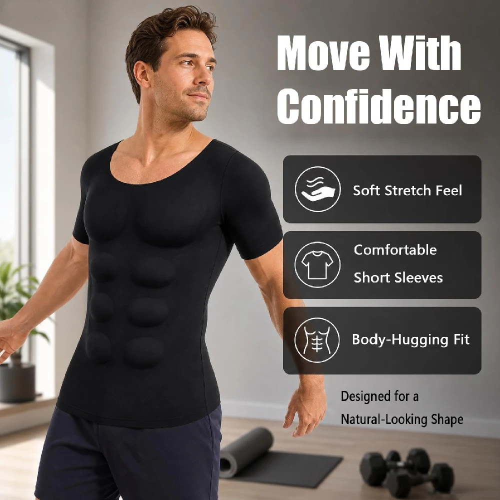 1PCS Men Shaper False Muscle Chest T-Shirt Fake Shoulders Padded Underwear Compression T-Shirts