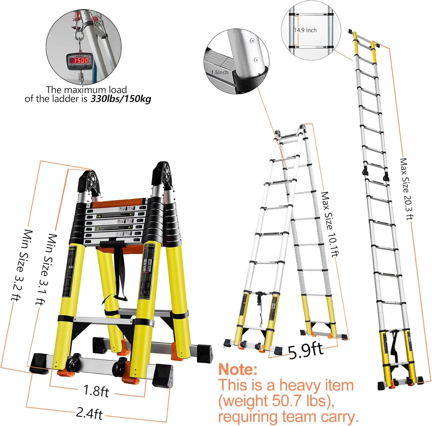 Escalera telescópica con marco A de 20 pies con. Barra de equilibrio doble/ruedas/bolsa de herramientas, escalera plegable tipo A escalera de extensión ajustable 8+