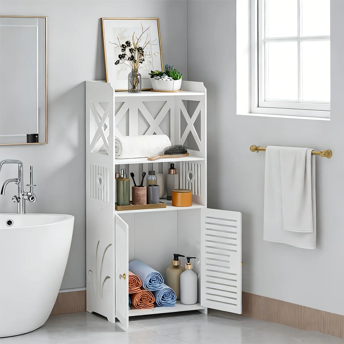 Nordic Style X-Shaped Hollow White Louvered PVC Bathroom Cabinet, Multi-Layer Storage Rack, Freestanding Toilet Storage Cabinet