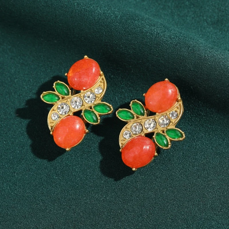 

Vintage Pink Natural Stone Fruit Leaves Studs Earring Gold Color For Woman Luxury Trendy Jewelry Trend 2026 New Party Gift