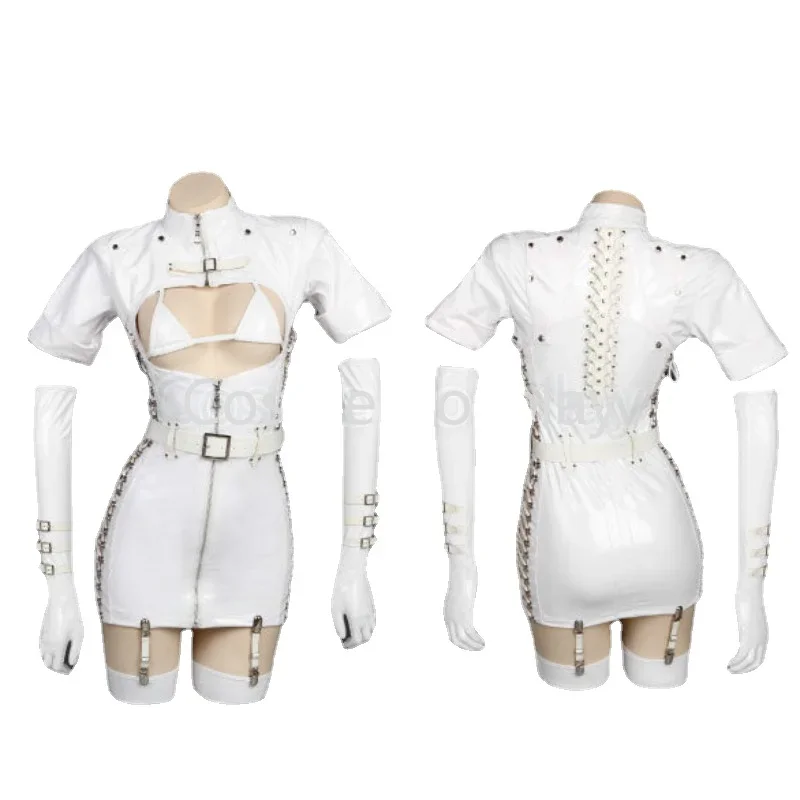 

2025 White/Silver/Black Cos Dark Reign Nurse Cosplay Costume Leather S-M Leotard Elastic Clack Hot Anime Cosplay Full Set