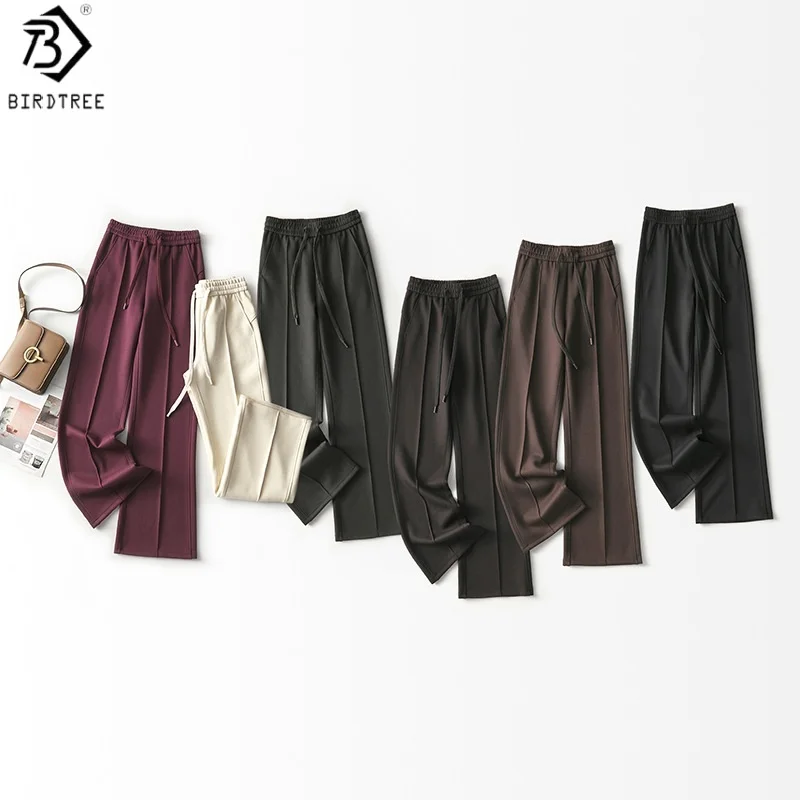 Birdtree 7,1% schapenwol wijde pijpen broek, dames wolmix elastische taille zakbroek, herfst zachte broek met trekkoord P59616JF