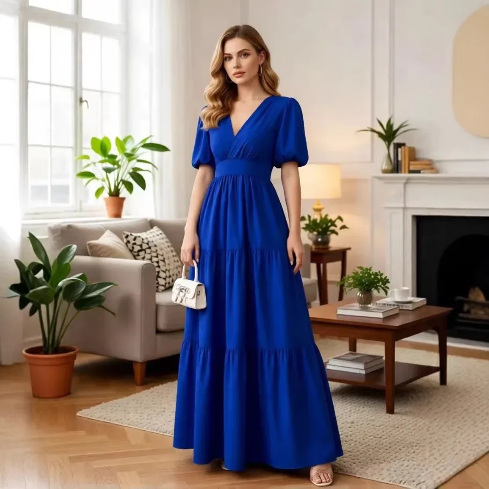 Women European Patchwork Solid Color Short Sleeve High Waist Casual Daily Office Resort Wear Minimalist Chic Ladies Long Dress