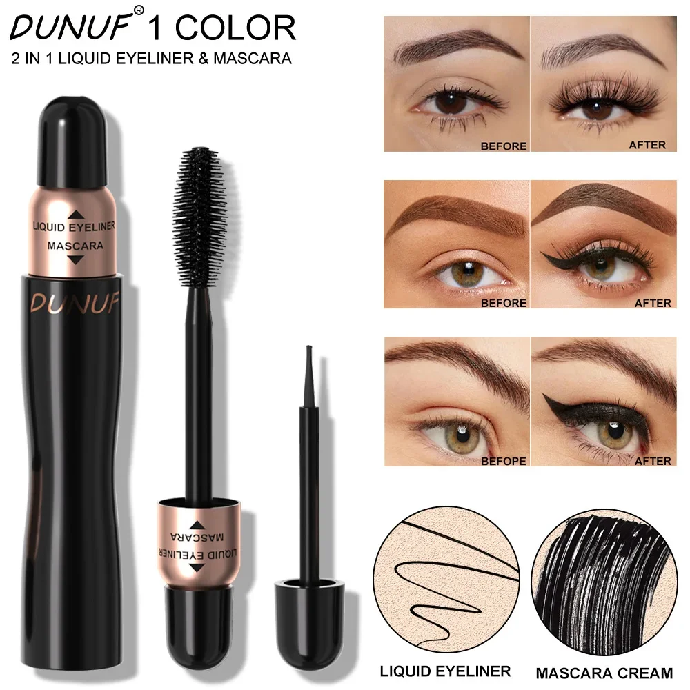 DUNUF 速乾性防水 2-in-1 マスカラ & アイライナー セット 汚れ防止延長カーリングボリュームアップ高色素液体アイライナー