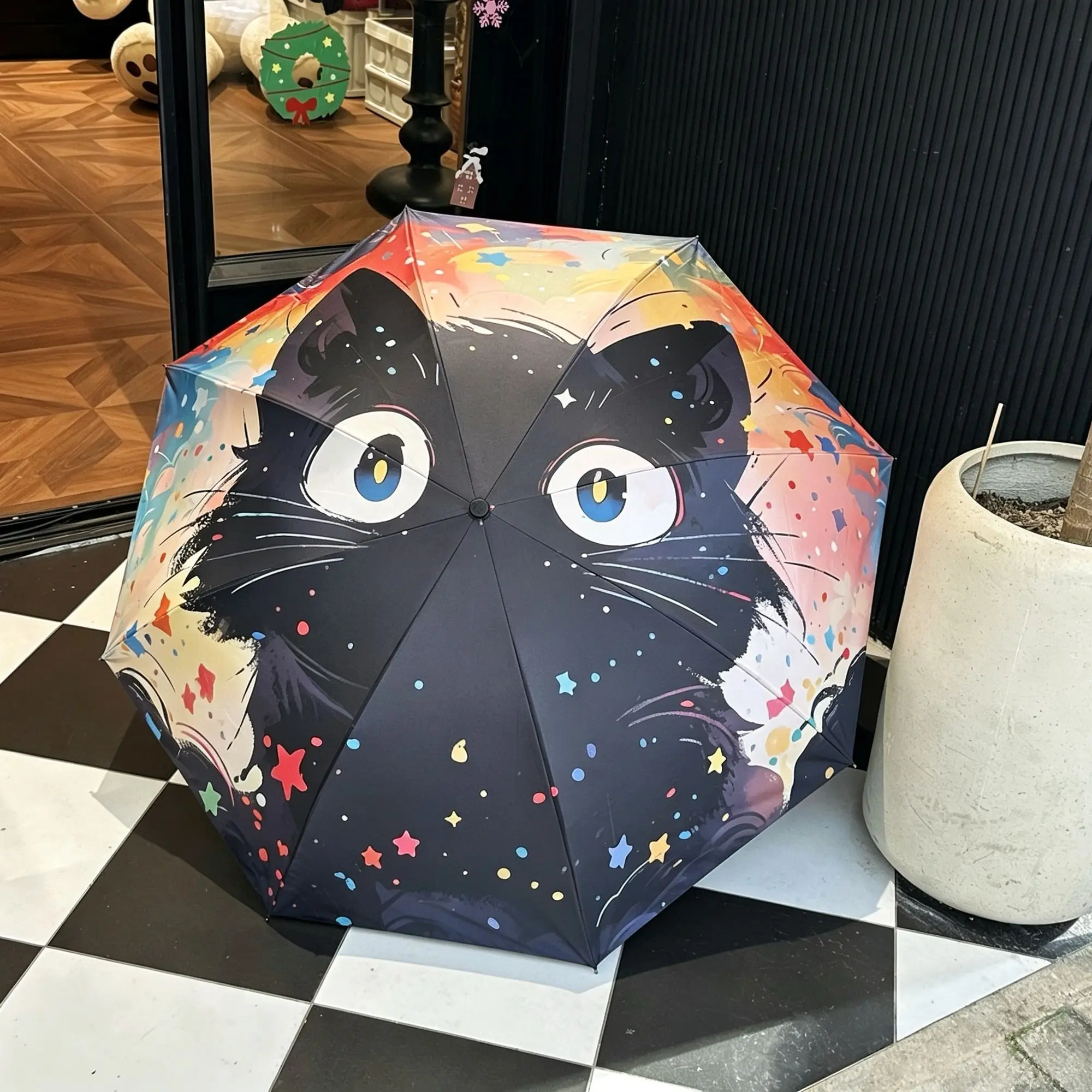 Cat Umbrella Rain Sun Black Coating Sun Protection UV Protection Portable Triple Fold Reverse Umbrella Windproof