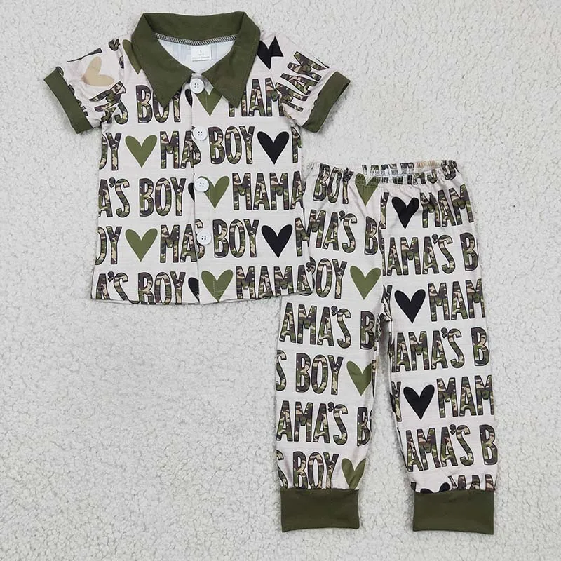 

Mama's Boy Heart Sleepwear Baby Kid Short Sleeves Camo Shirt Tee Set Toddler Button Up Outfit Children Pants Spring Fall Pajamas