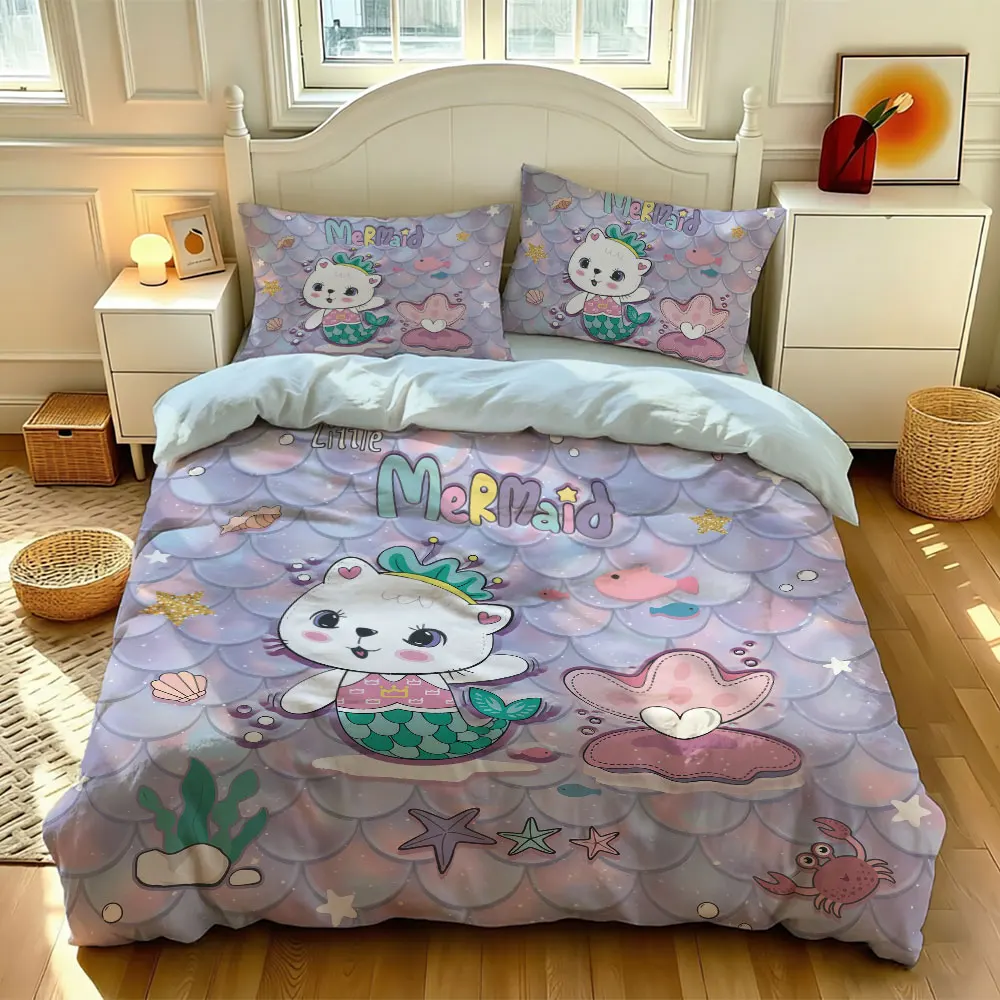 3pcs bedding set featuring a Little Mermaid cat pattern, which is soft and comfortable, is perfect for home decoration