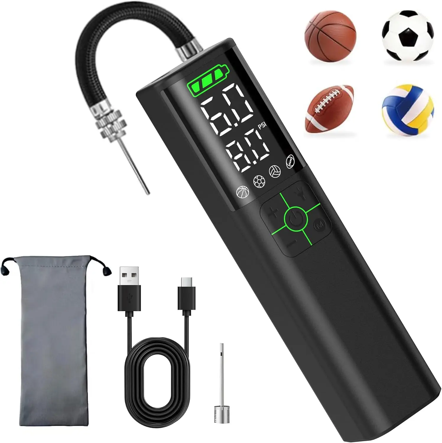 

Portable Electric Ball Pump, 2000mAh Fast Inflation with Pressure Gauge for Basketball Football Volleyball