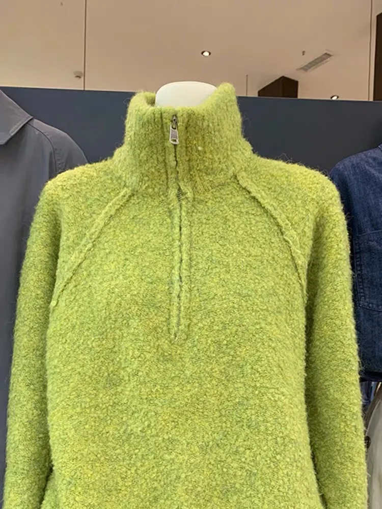 FIGOHR ผู้หญิงสีเขียวครึ่งซิปคอสูงถักเสื้อกันหนาวเกาหลีสบายๆสไตล์ขี้เกียจอเนกประสงค์ฤดูใบไม้ร่วง/ฤดูหนาวแฟชั่น