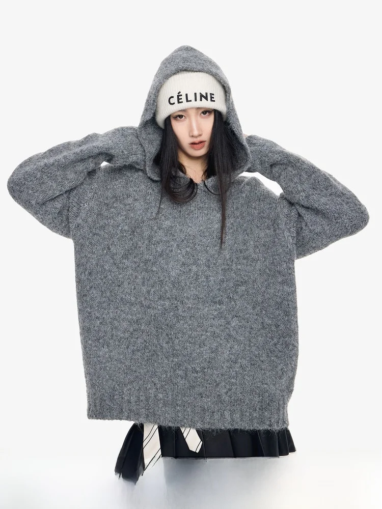 

Модная женская зимняя толстовка в американском ретро-стиле, новая, элитная, вязаная, свободного кроя, повседневная верхняя одежда из смесовой ткани (полиэстер, нейлон, шерсть)