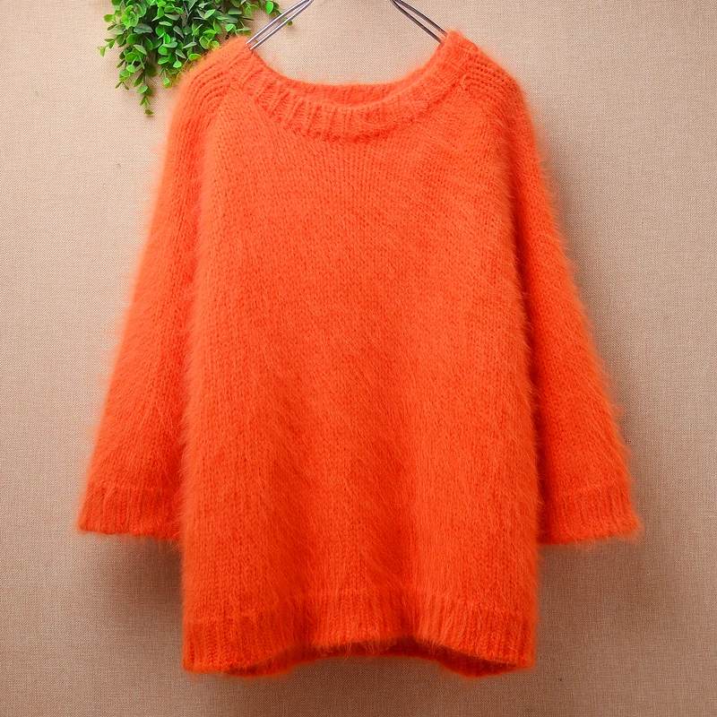 Ladies Women Fall Winter Clothing Orange Hairy Mink Cashmere Knitted O-Neck Half Sleeves Slim Blouses Pullover Angora Sweater