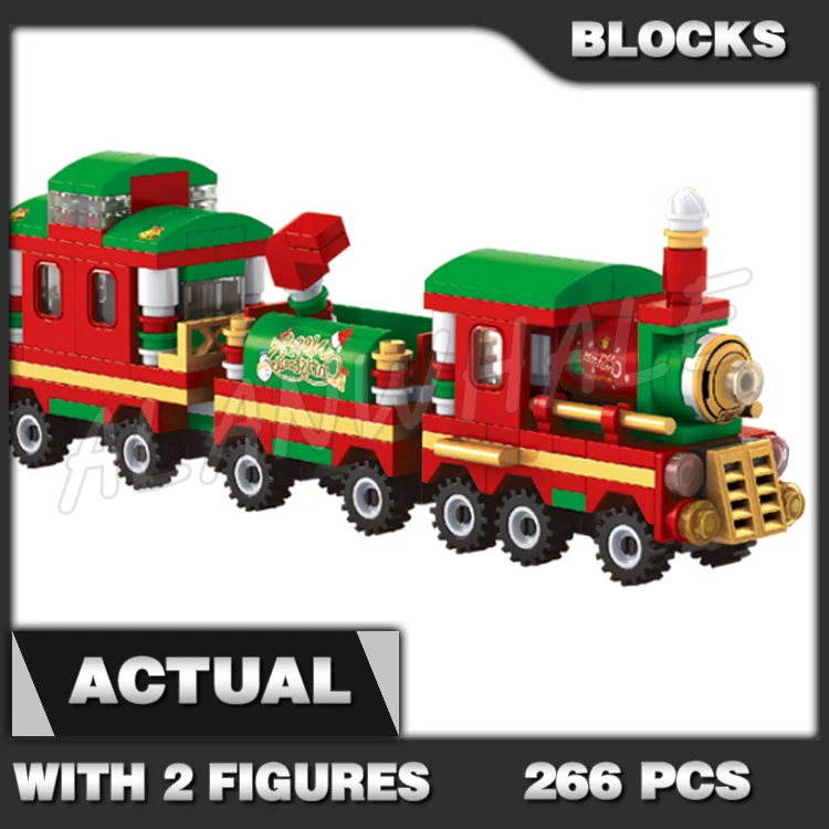 

266 шт., Рождественский поезд, красный локомотив, зимнее праздничное дерево, зеленые венки 25524, строительные блоки, игрушка, совместимая с моделью