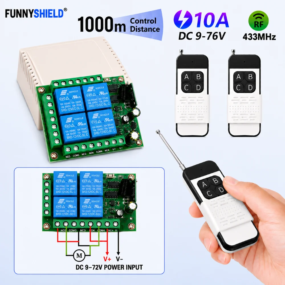 FUNNYSHIELD 433Mhz Wireless Remote Control DC 12V 24V 4CH RF Relay Receiver 1000M Long Range Transmitter for Garage Gate Motor