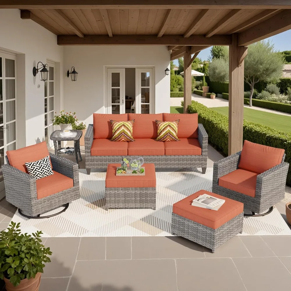 6 Pieces Patio Furniture Set, Outdoor Wicker Sofa Couch with Swivel Rocking Chairs and Comfy Cushions, High Back Rattan