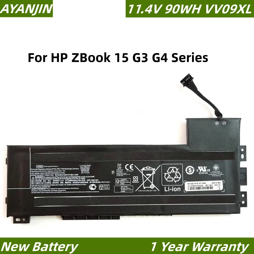 Bateria do portátil para HP ZBook 15 G3 e G4, VV09XL, 11.4V, 90WH, série, HSTNN-DB7D, HSTNN-C87C, 808398-2C2, 808398-2C1, 808452-005