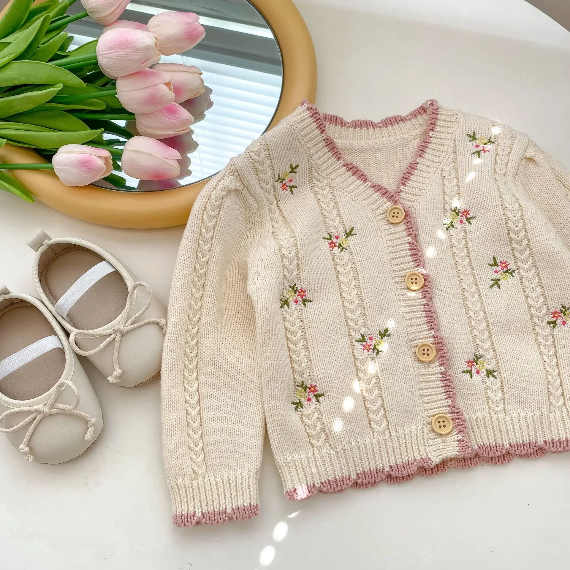 0-3T Flower Baby Girl Sweater Cardigan Newborn Kid Baby Clothes Winter Warm Thcik Floral Knitwear Coat Cute Outfit