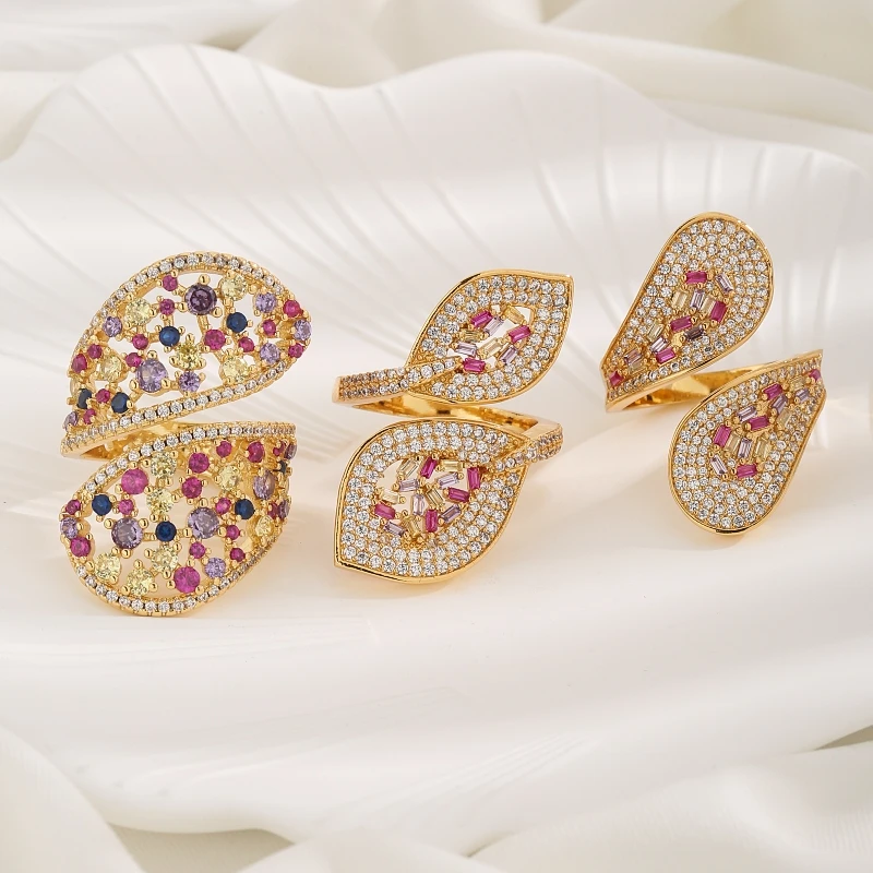 A high-quality cubic zirconia copper gold-plated leaf multicolor zircon simple fashion all-match ring for women gift