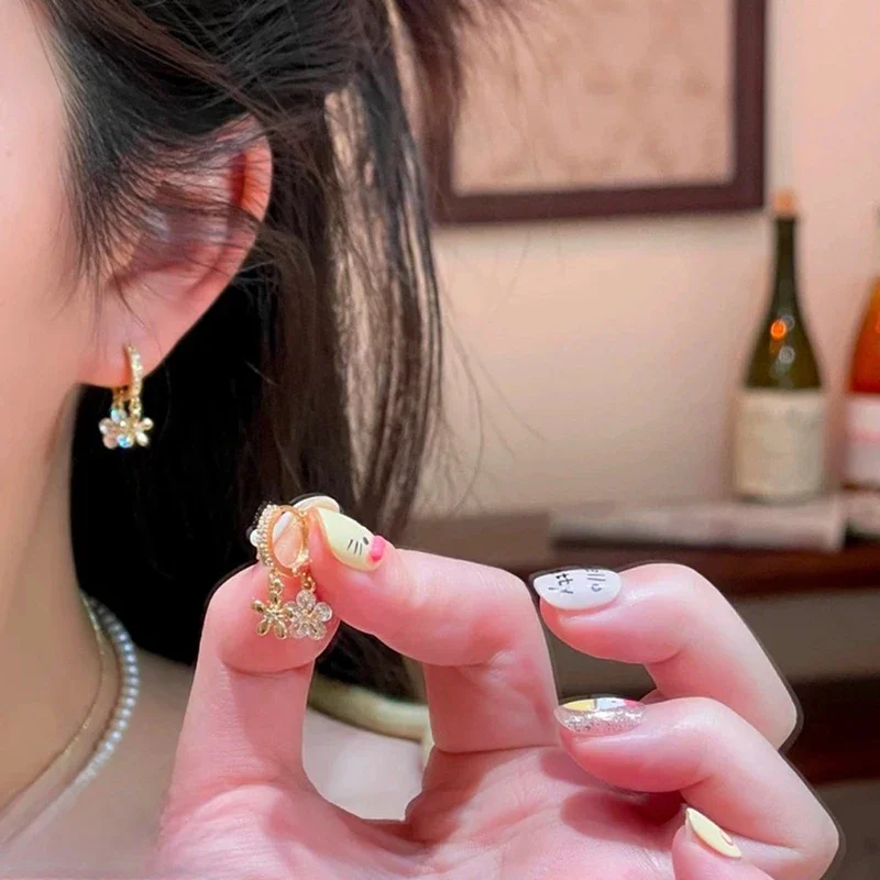 Real 925 Sterling Silver 18K Gold Zircon Flower Pendant Hoop Earrings for Women Cute Fine Jewelry Minimalist Accessories #3