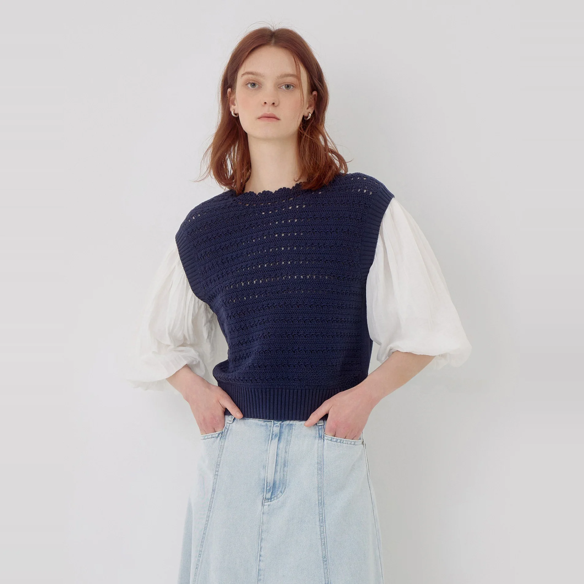 Efekt wyszczuplający, dzianina z czystej bawełny, ażurowe wycięcia, elastyczne łączenia, koreański styl, długi rękaw, okrągły dekolt, styl dojazdowy, elegancki.